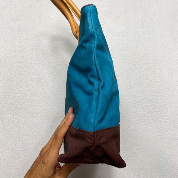 Tory Burch Jaden Bag Coconut Blue Brown Canvas Leather Shopping Tote Purse Women - Picture 10 of 12